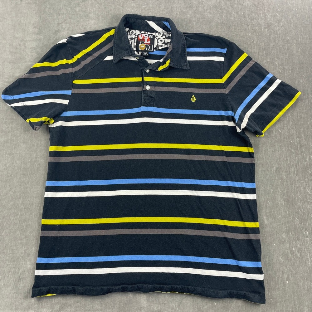 Volcom Mens Large Black Striped Polo Shirt Short Sleeve Skate Surf
